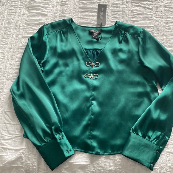 Rachel Zoe long sleeved green satin blouse with v neck. Blouson sleeves. Med💚💚 - Picture 7 of 17